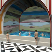 Screenshot einer der Animationen: Das Frigidarium mit Badegästen