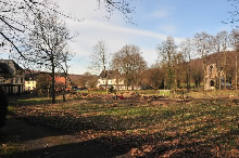 18.03.2009 - Blick von Süden auf den Standort der ehemaligen Abtei; links die Wirtschaftsgebäude, rechts die Chorruine. / Klick vergrößert Bild